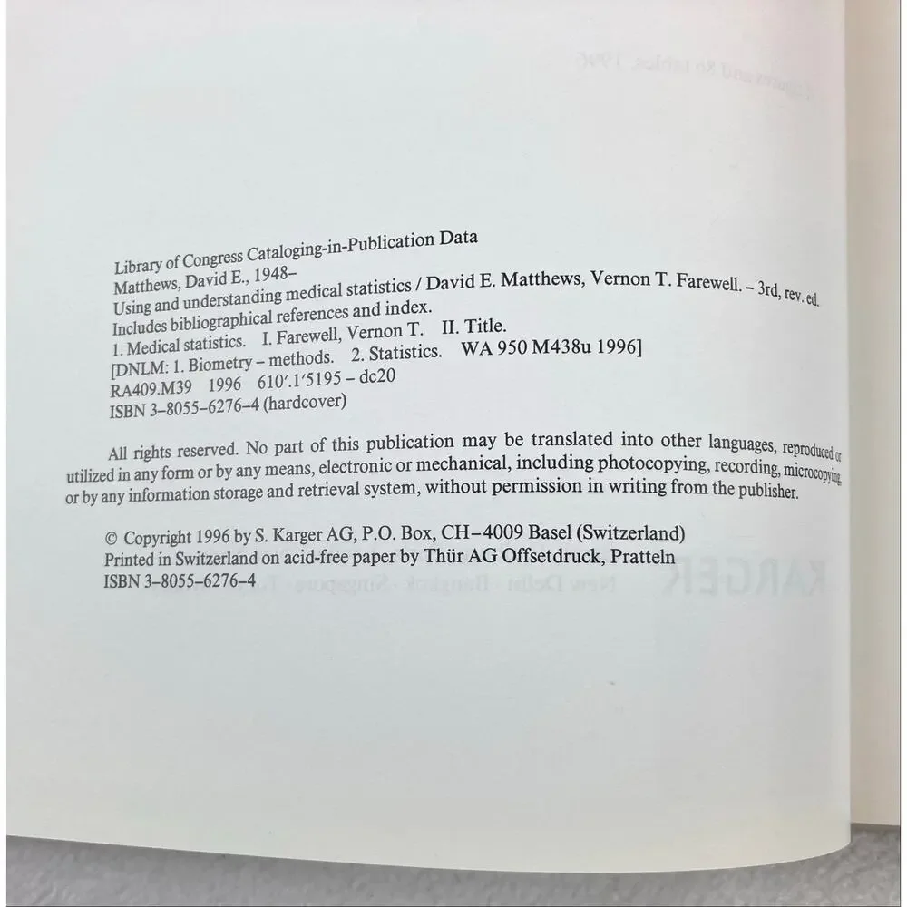 Using and Understanding Medical Statistics Book D. E. Matthews V. T. Farewell